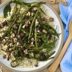 Overhead picture of roasted green beans and mushrooms over top of a bed of toasted barley.