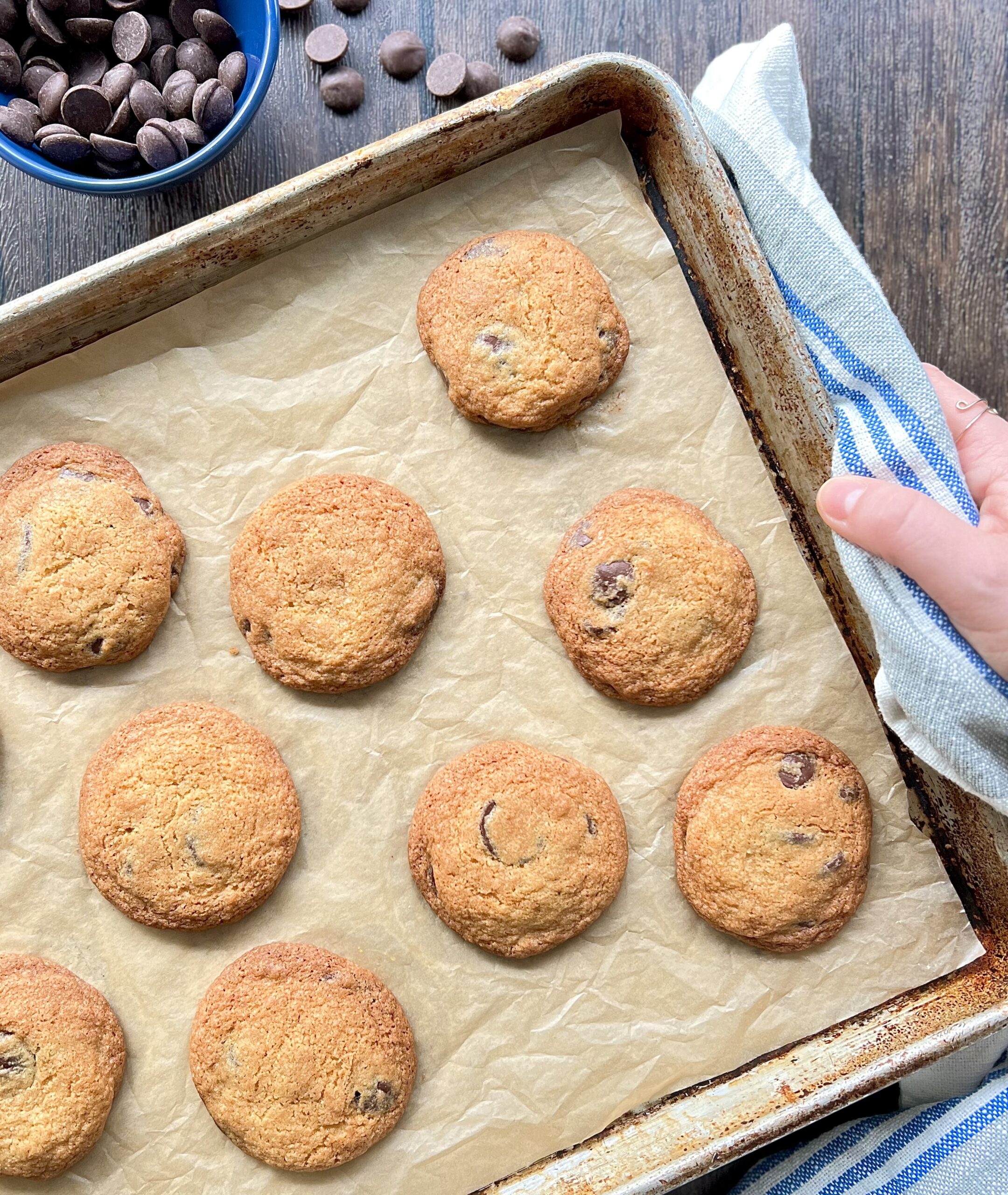 Overhead view of a baking sheet with half of it shown. It has cooked chocolate chip cookies on them and a hand holding the pan.